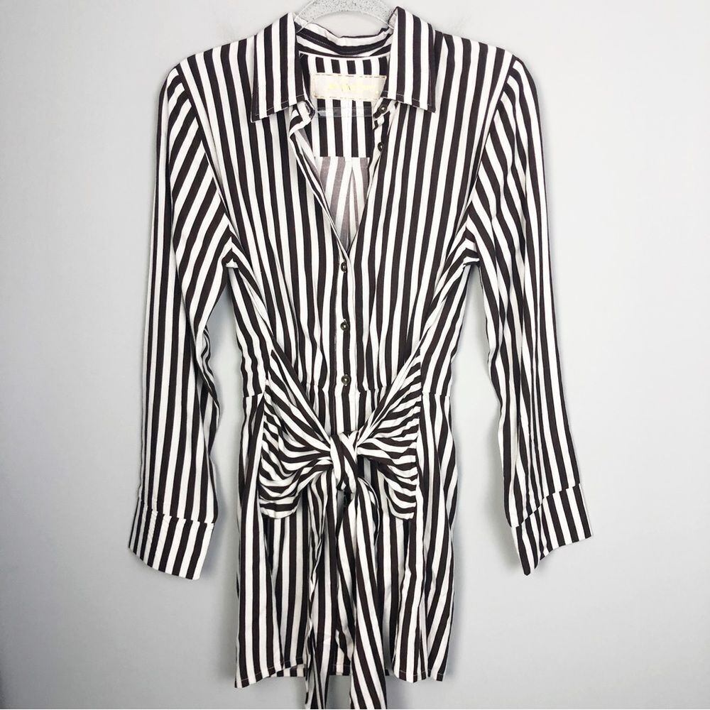 JEN’S PIRATE BOOTY | FREE PEOPLE Brown & White Striped Tie Front Dress Women’s S - Picture 2 of 10